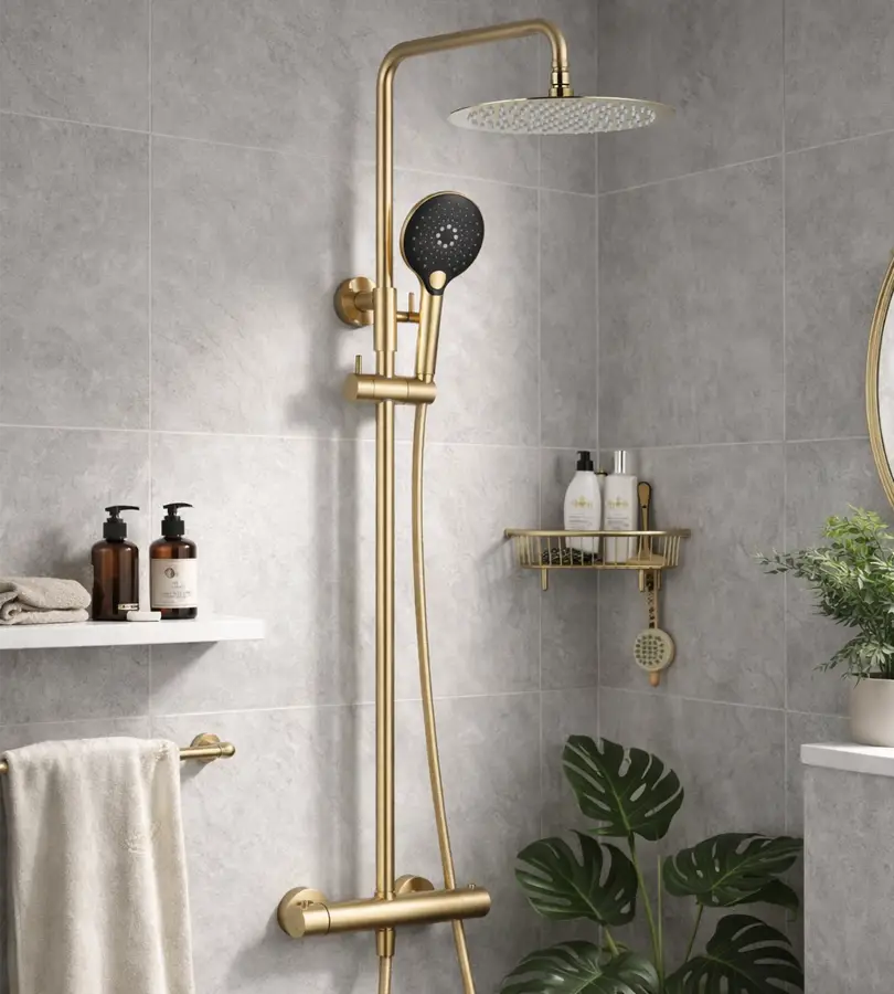 photo Colonne de douche thermostatique 3 jets Ortence PVD laiton brossé