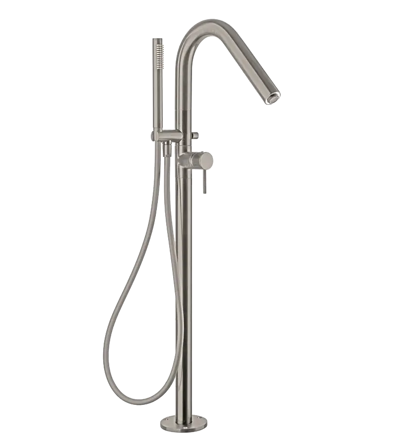 photo mitigeur sur pied pour baignoire îlot Cox PVD grey acier brossé