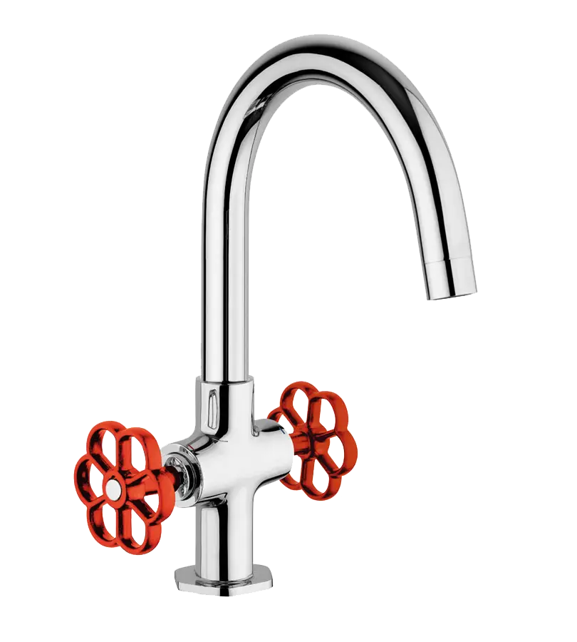 photo Mélangeur lavabo Induss chrome poignées rouges